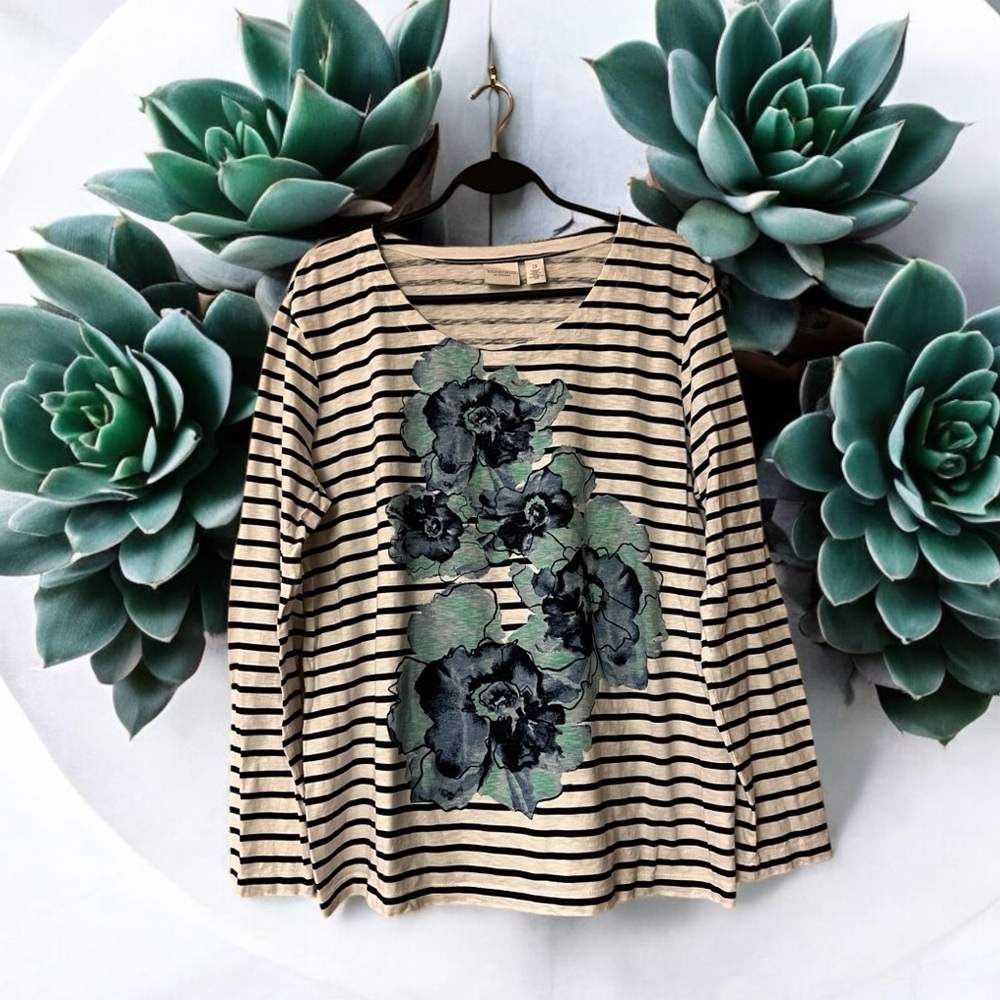 Chico’ White & Navy Striped Top with Blue & Green Floral Design